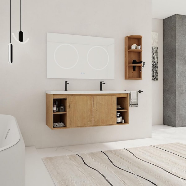 Marsyas 48 in. W x 18.3 in. D x 20.5 in. H Double Sink Floating Imitative Oak Bath Vanity with White Resin Top