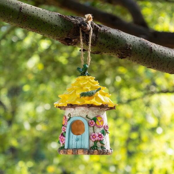 Glitzhome 9 in. H Resin Yellow Roof Outdoor Garden Birdhouse