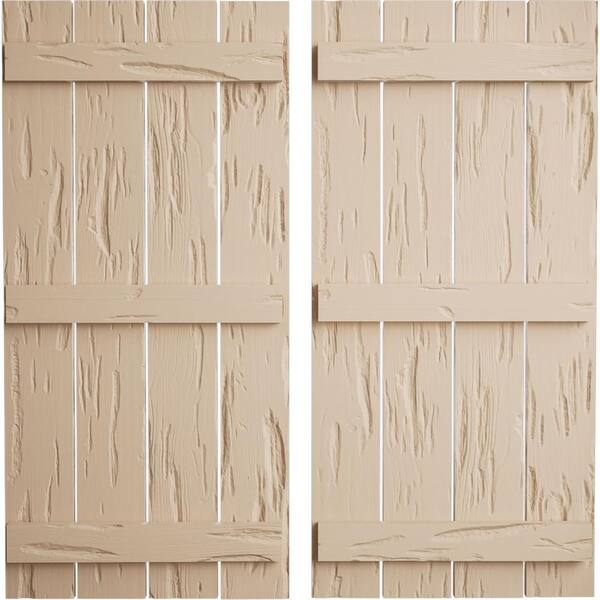 Ekena Millwork 23.5 in. x 70 in. Timberthane Polyurethane 4-Board Spaced Board-n-Batten Pecky Cypress Faux Wood Shutters Pair