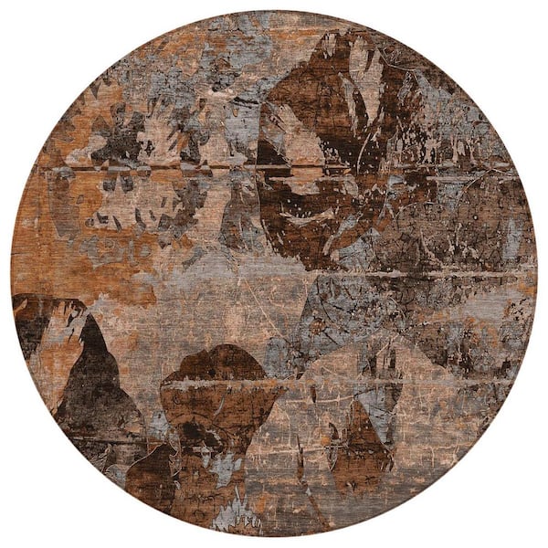 HomeRoots Brown Terracotta and Gray 8 ft. Round Woven Floral Round Indoor/Outdoor Area Rug