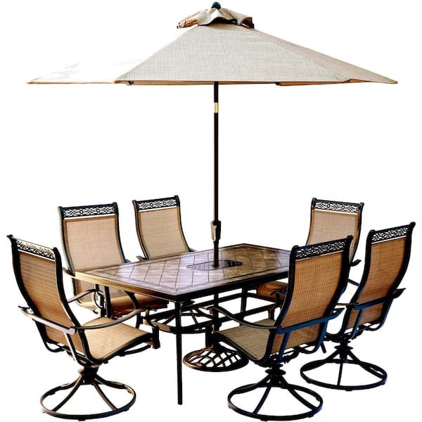Reviews For Hanover Monaco 7 Piece Outdoor Dining Set With Rectangular Tile Top Table And Contoured Sling Swivel Chairs Umbrella And Base Mondn7pcsw6 Su The Home Depot