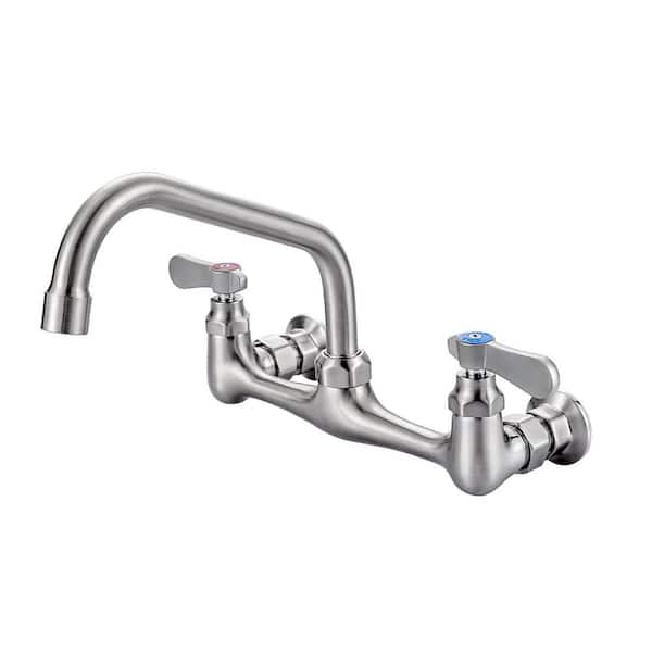 Double Handle Wall Mounted Standard Kitchen Faucet, Commercial Faucet with 8 in. Long Spout in Brushed Nickel