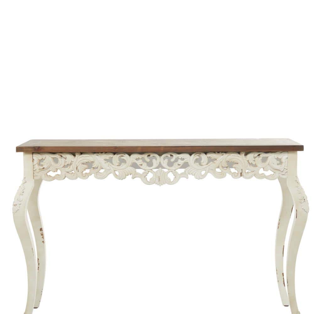 Elegant Farmhouse 46" White and Brown Wood Carved Console Table