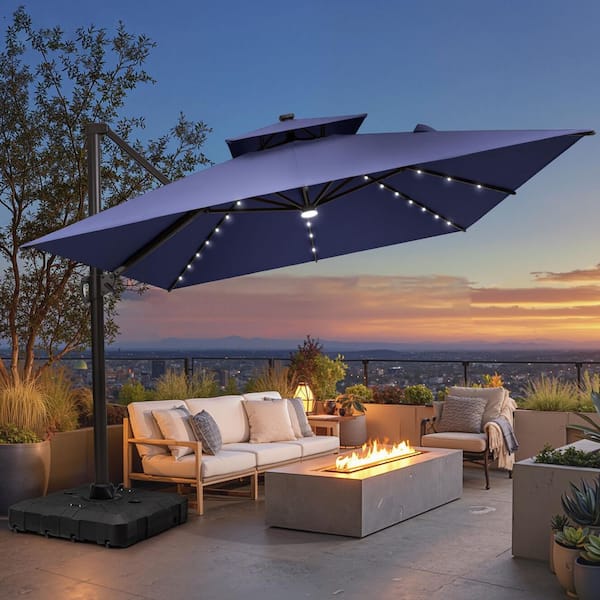 Pellebant 10 ft. x 13 ft. Heavy Duty Outdoor Cantilever Tiltable 360 Rotation Solar LED Lighted Patio Umbrella in Navy and Base Pellebant 10 ft. x 13 ft. Heavy Duty Outdoor Cantilever Tiltable 360 Rotation Solar LED Lighted Patio Umbrella in Navy and Base