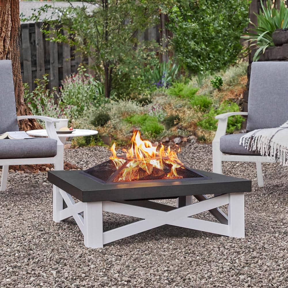 Real Flame Austin 34 In X 11 In Square Iron Wood Burning Fire Pit Table In White With Black Top 350 Wht The Home Depot