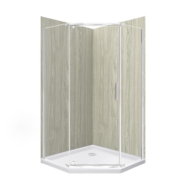 CRAFT + MAIN Cove 38 in. L x 38 in. W x 78 in. H 3-Piece Corner Drain Neo Angle Shower Stall Kit in Driftwood and Brushed Nickel