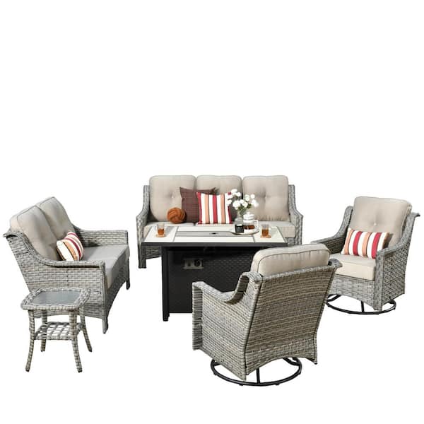 Eureka Gray 6-Piece Wicker Outdoor Patio Conversation Sofa Loveseat Set with a Metal Fire Pit and Beige Cushions
