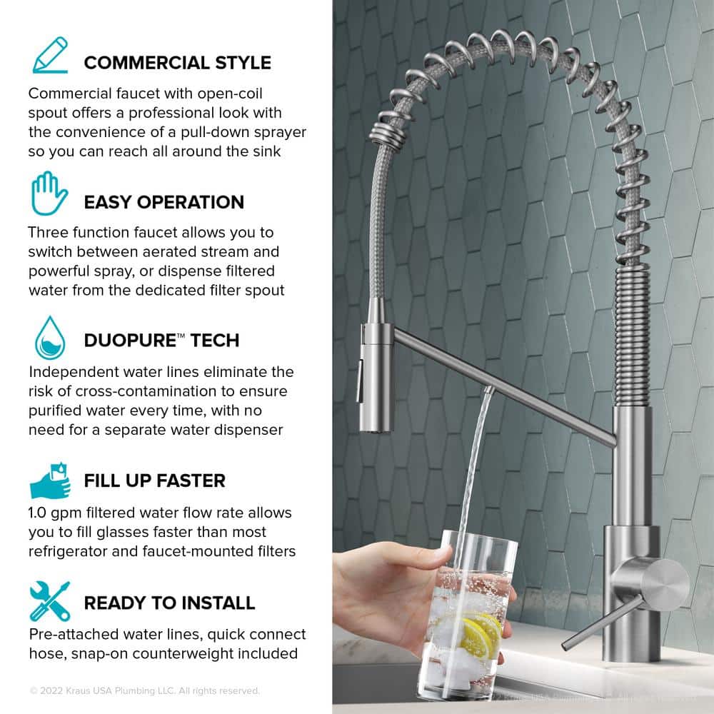 Stainless Steel Commercial Style Pull-Down Kitchen Faucet with Water Filter