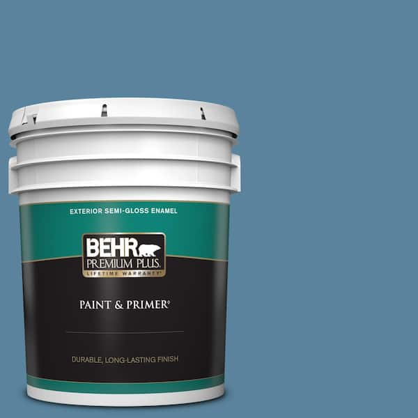 BEHR PREMIUM PLUS 5 gal. #BIC-38 Honest Blue Semi-Gloss Enamel Exterior Paint & Primer