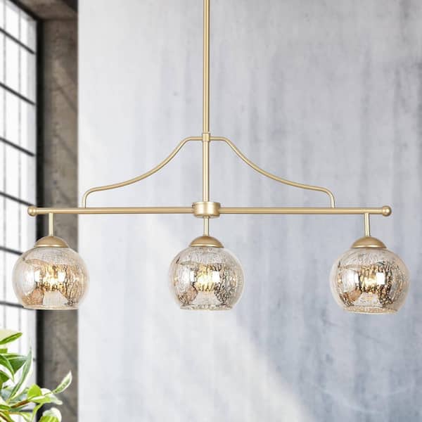3-Light Modern Gold Kitchen Island Chandelier Lighting, Transitional Linear Pendant Hanging Light with Mercury Glass
