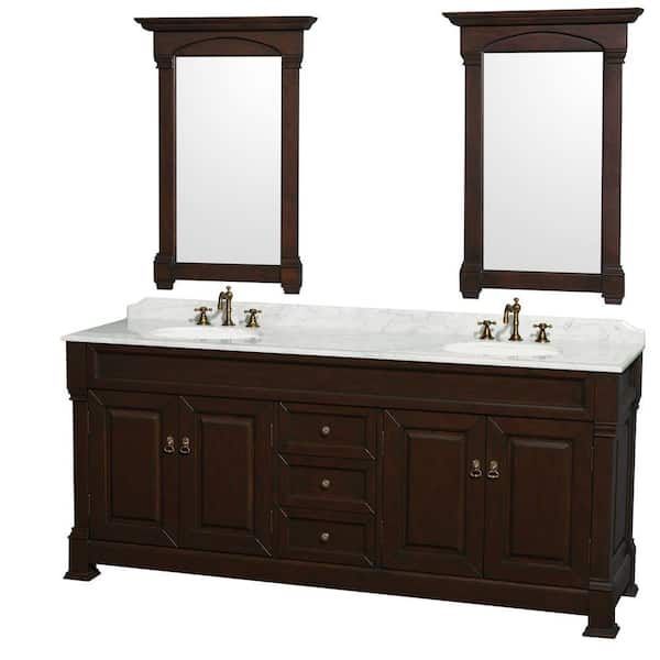Wyndham Collection Andover 80 in. Vanity in Dark Cherry with Marble Vanity Top in Carrera White with Sink and 2 Mirrors