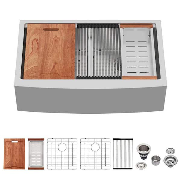 33 in. Low-Divide Farmhouse Apron Double Bowl 50/50 16 -Gauge Stainless Steel Workstation Kitchen Sink with Bottom Grid