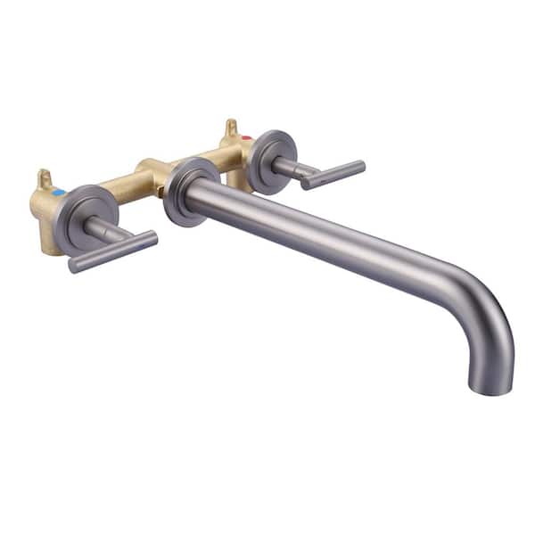 2-Handle 3-Hole Wall Mounted Brass Roman Tub Faucet with 360° Swivel Spout in Brushed Nickel