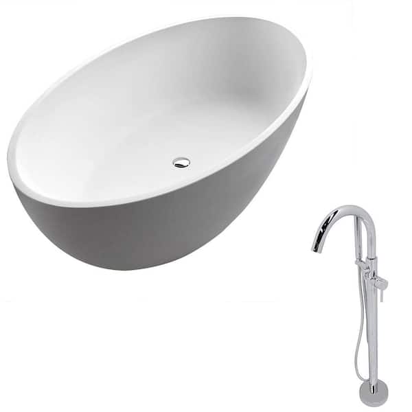 ANZZI Cestino 67 in. L x 37 in. W Man-Made Stone Flatbottom Soaking Bathtub in Matte White and Kros Faucet in Chrome