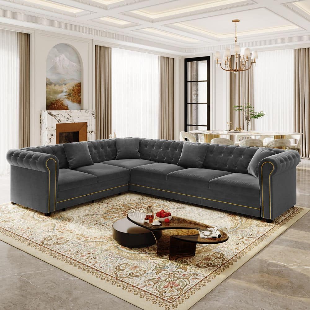 115.3 in. Grey Velvet Upholstered King Size Sofa Bed with Pull-Out Bed, Oversize Convertible Sleeper, Gold Trim price history on PriceWatchPro
