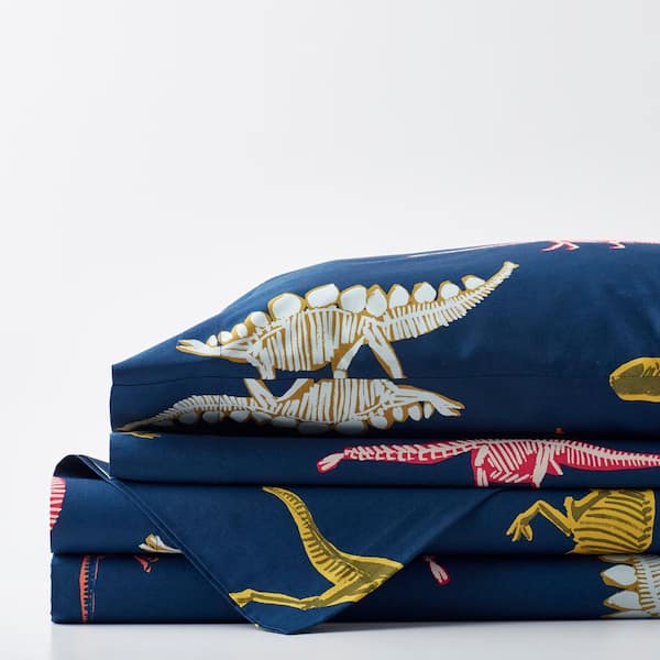 Company Kids by The Company Store Skeleton Dino 4-Piece Multicolored Graphic 200 Thread Count Cotton Percale Queen Sheet Set