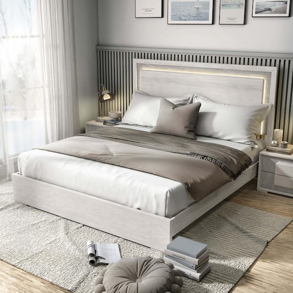 Bulevard White Engineered Wood Frame Queen Panel Bed with LED on Headboard