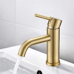 Karwors Single Hole Single Handle Bathroom Faucet with Pop-Up Sink Drain Stopper and Deck Plate in Brushed Gold