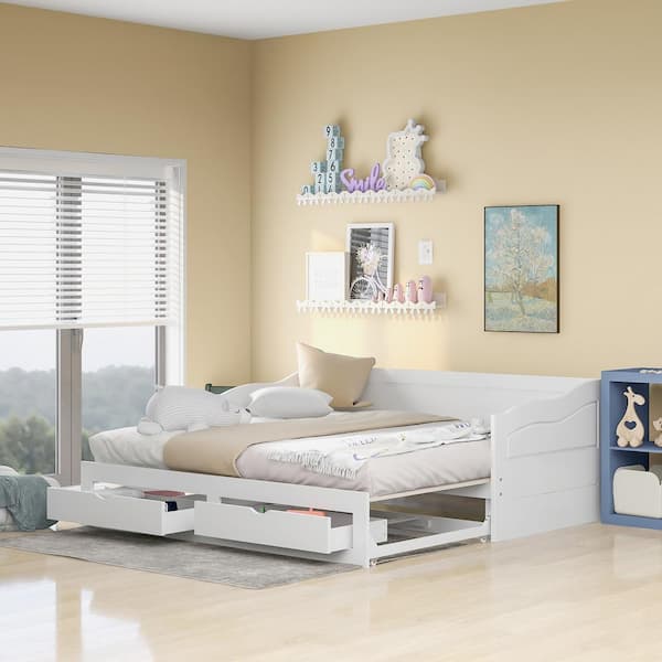 URTR White Twin Daybed with Trundle, Extendable Daybed Twin to King with Two Drawers, Wooden Sofa Bed Frame for Living Room
