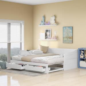 White Twin Daybed with Trundle, Extendable Daybed Twin to King with Two Drawers, Wooden Sofa Bed Frame for Living Room