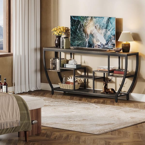 TRIBESIGNS WAY TO ORIGIN Tabor 70.9 in. Dark Gray Wood TV Stand Fits TVs up to 55 to 80 in. with Open Storage Shelves Living Room Bedroom