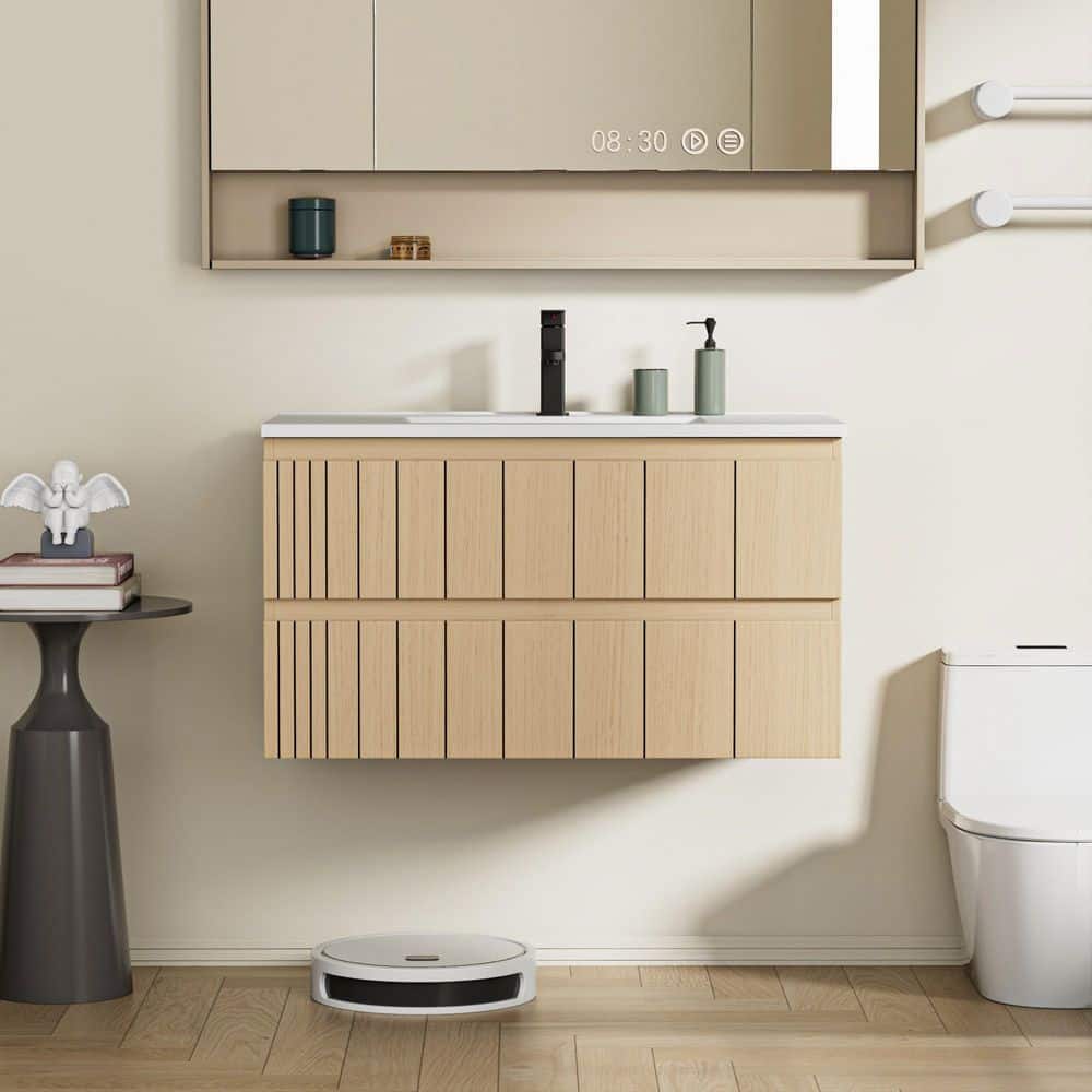 36 in. W x 17.7 in. D x 19.7 in. H Single Sink Floating Oak Bath Vanity with White Integrated Composite Resin Top price history on PriceWatchPro