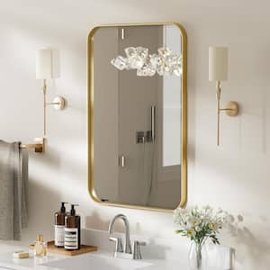 24 in. W x 32 in. H Tempered Glass Rounded Rectangle Framed Wall-Mounted Bathroom Vanity Mirror in Gold