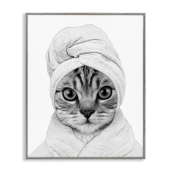 Funny Cat In Bathrobe Portrait by Annalisa Latella Gray Framed Giclee Art Print Typography 11 in. x 14 in.