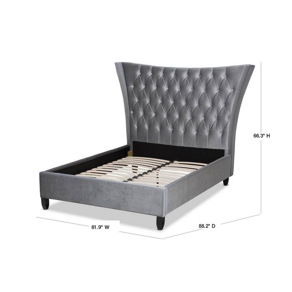 Grey Velvet Queen Bed with Tall Tufted Wingback Headboard
