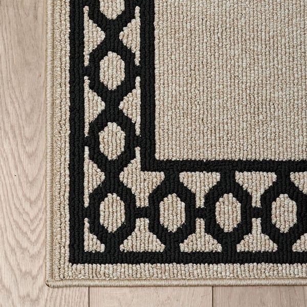 Machine Washable Non-Skid Natural Beige Twist/Black  2.5 ft. x 10 ft. All Loop Tufted Area Rug