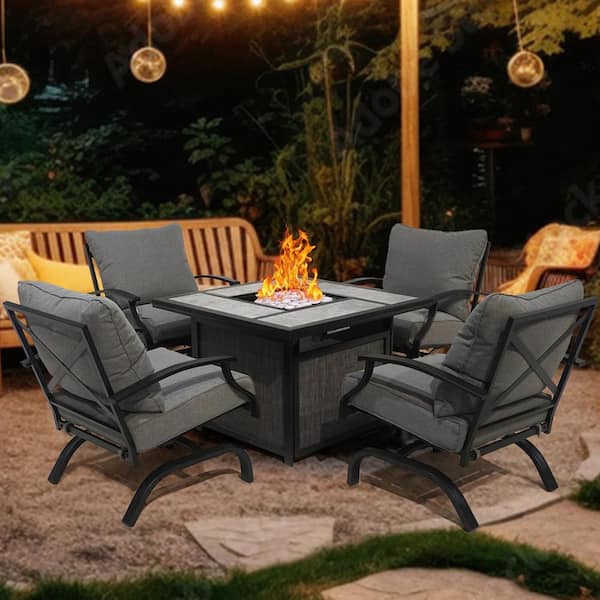 AUTMOON 5-Piece Patio Gas Fire Pit Set, 4-Person Outdoor Conversation Set with Cushions