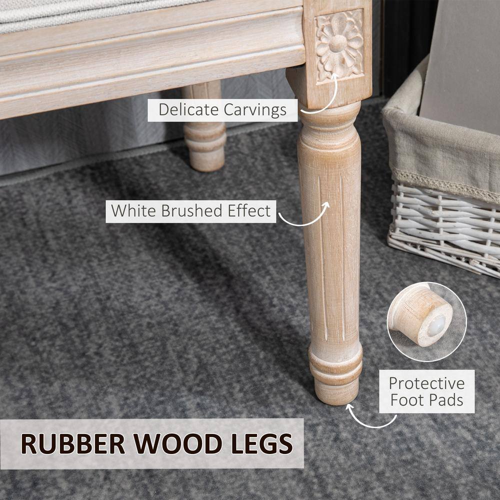 Cream Linen Upholstered Tufted Bedroom Bench with Wood Legs