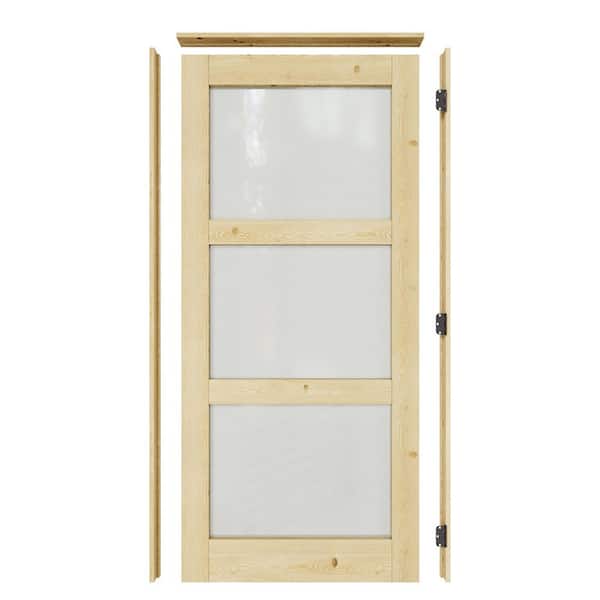 36 in. x 80 in. 3-Lite Frosted Glass Left Solid Core Pine Wood Single Interior Door with Quick Assemble Jamb