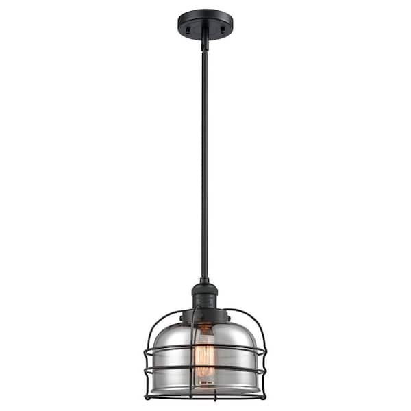 Innovations Bell Cage 100-Watt 1-Light Matte Black Standard Mini Pendant Light Smoked Glass Shade