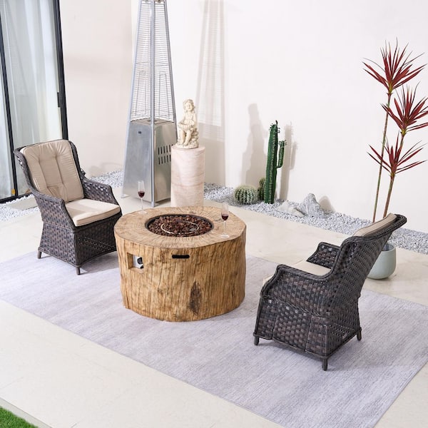 Margit 3-Piece Brown Wicker Aluminum Outdoor Fire Pit Set with Beige Cushions-Brown Fire Pit Table