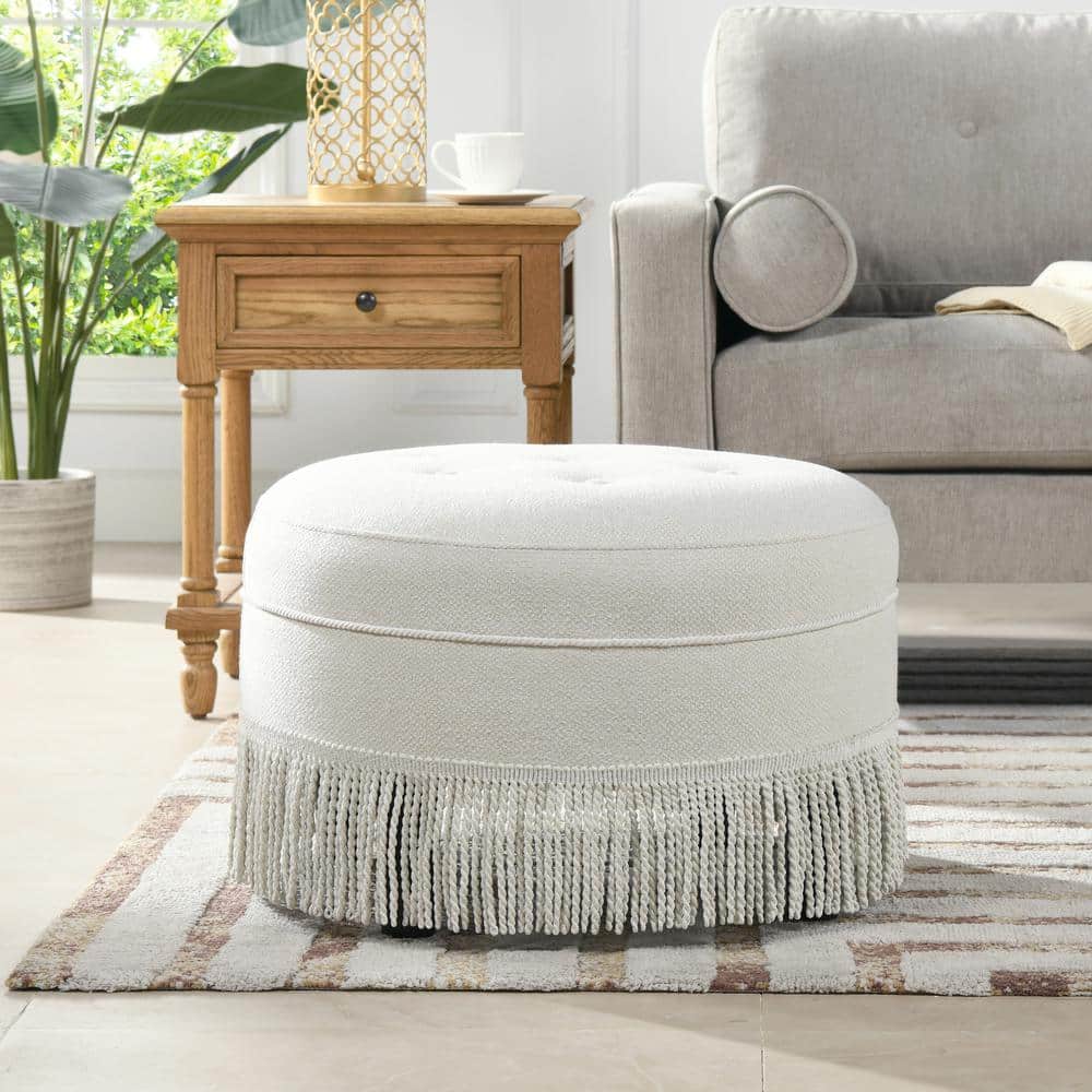 Alabaster Off-White Tufted Round Ottoman with Fringe