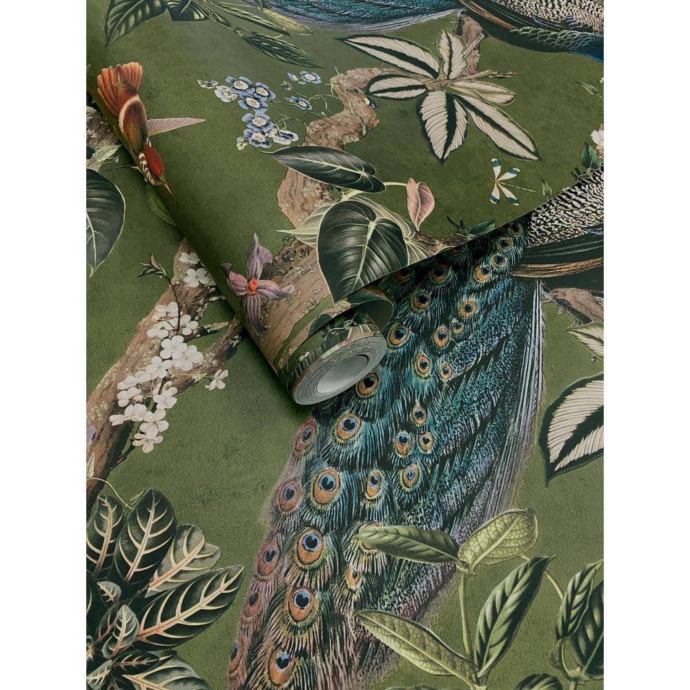Cassia Peacock Green Non-Woven Botanical Wallpaper