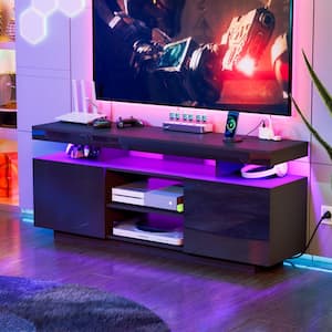 55.1 in. Modern Black TV Stand Fits TVs up to 65 in. with Outlets and RGB LED Light Strip