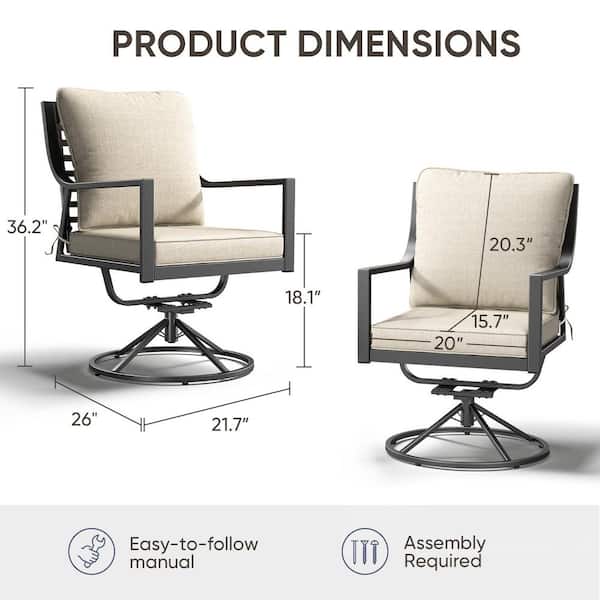 Komodo Swivel and Rocking Black Metal Frame and Gray Wicker Outdoor Dining Chairs with Olefin Beige Cushions (2-Pack)