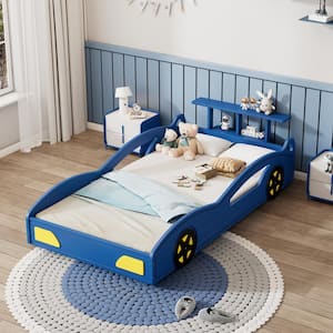 Blue Race Car-Shaped Kids Bed, Platform Bed with Yellow Wheels and Storage Shelves