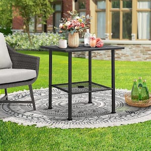 22 in. Modern Metal Waterproof End Table, Outdoor Side Table, Double Layers Dining Table with Umbrella Hole for Patio