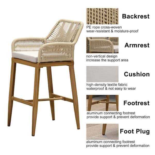 Modern Aluminum Rattan Bar Height Outdoor Bar Stool with Back and Beige Cushion (4-Pack)