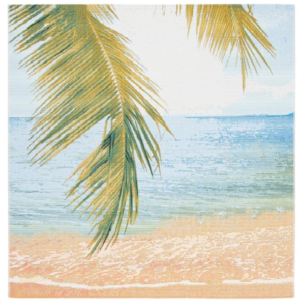 Barbados Gold/Blue 5 ft. x 5 ft. Square Seashore Palm Leaf Indoor/Outdoor Area Rug