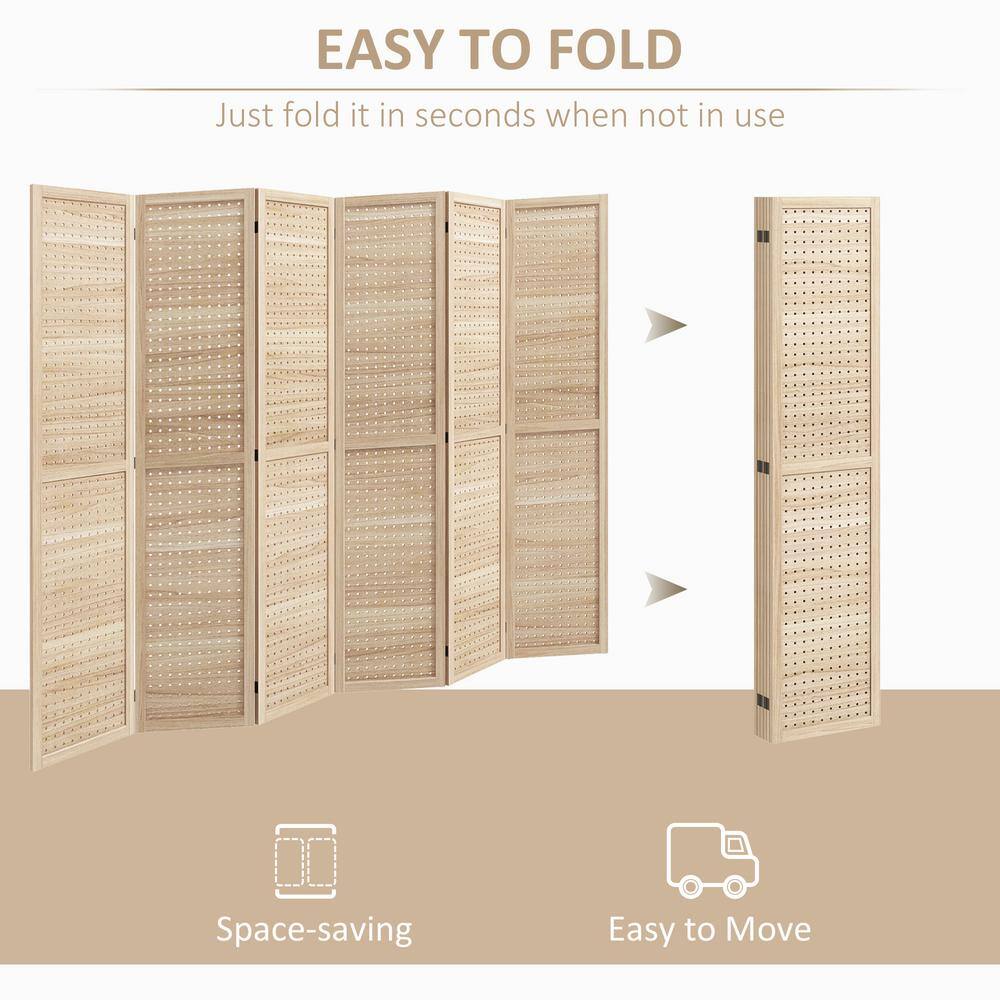 Natural Wood 6-Panel Folding Room Divider with Hook Holes
