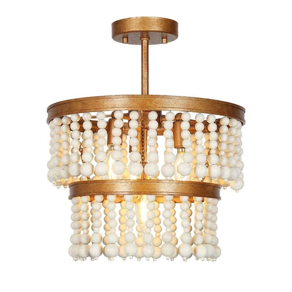 13.8 in. 4-Light Bohemian White and Antique Gold Drum Dining Table Semi-Flush Mount Celling Light with Wood Beads Beaded