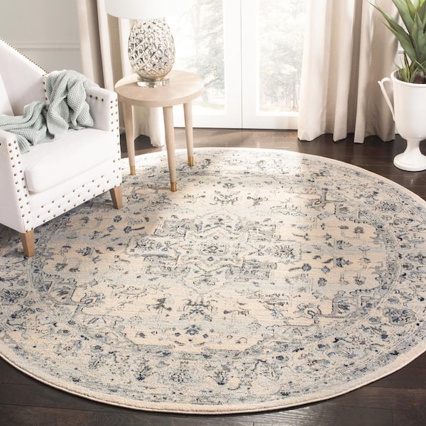 Charleston Ivory/Light Blue 8 ft. x 8 ft. Distressed Border Round Area Rug