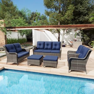 6-Piece Steel Outdoor Patio Conversation Seating Set Backyard Garden with Blue Cushions