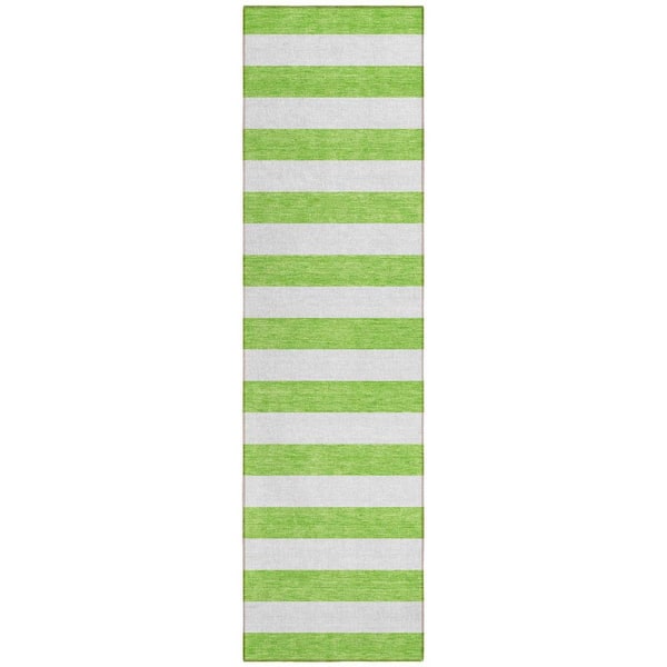 Lime Green, White 2 ft. x 8 ft. Woven Striped Polyester Runner Indoor / Outdoor Area Rug