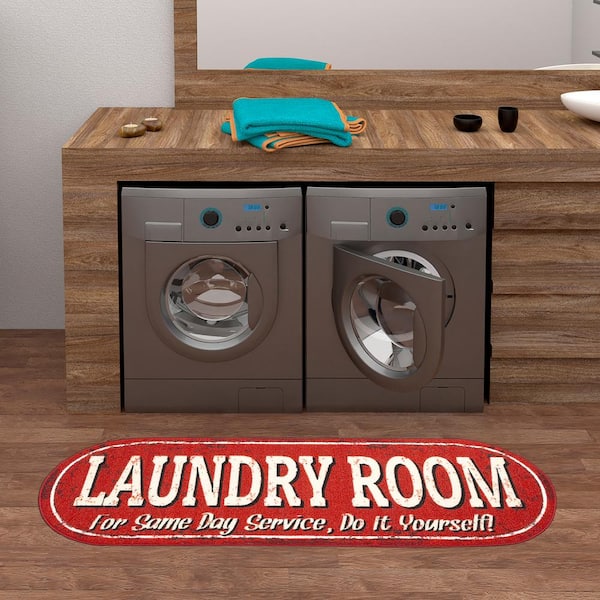 Laundry Collection Non-Slip Rubberback 2x5 Laundry Room Runner Rug, 20 in. x 59 in. Oval, Red