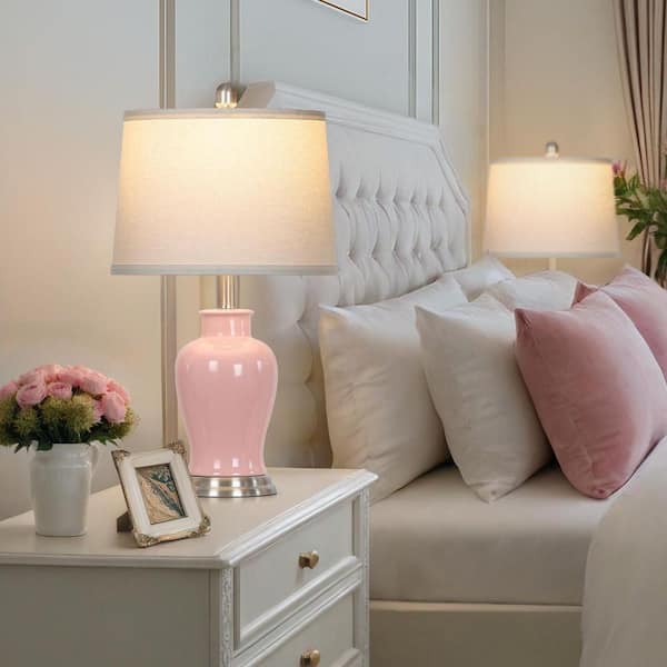 Cinkeda Bedside 23 in. Pink Ceramic Table Lamps Set with Drum